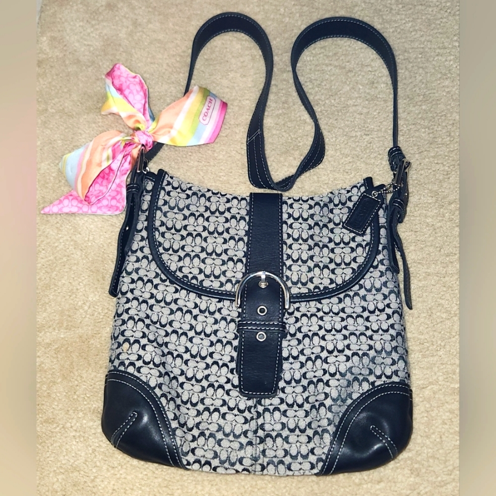 VINTAGE COACH 6376 buckle Women's Signature Crossbody Bag Black Gray Jacquard - Picture 1 of 16